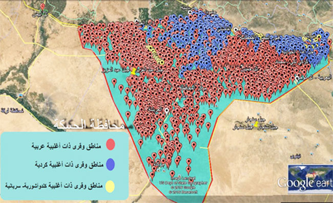 الشكل(1) خارطة لإسقاط نتائج التوزع القومي على محافظة الحسكة. الشكل(1) خارطة لإسقاط نتائج التوزع القومي على محافظة الحسكة.